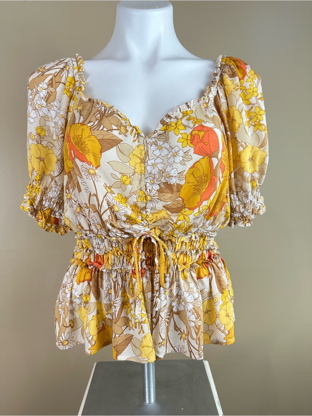 Cato Floral Milkmaid Top L Cottagecore Smocked Puff Sleeve Boho 70s Festival